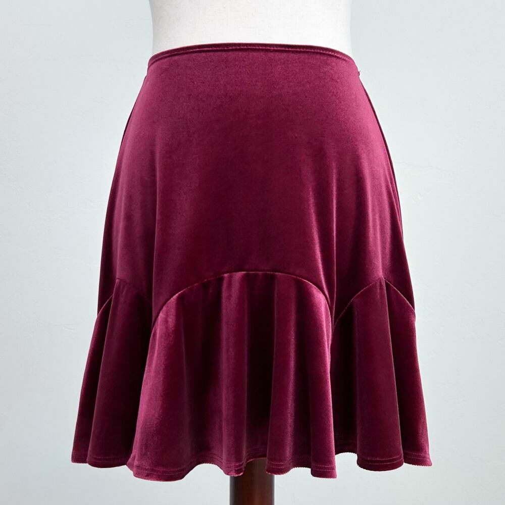 Trixxi Romantic Velvet Maroon Burgundy Red Flounce Ruffle Hem Mini Skirt NWT